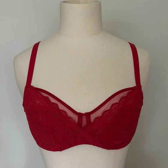 Chantelle EasyFeel Floral Touch Red Mesh and Lace Bra 34B - Picture 2 of 11